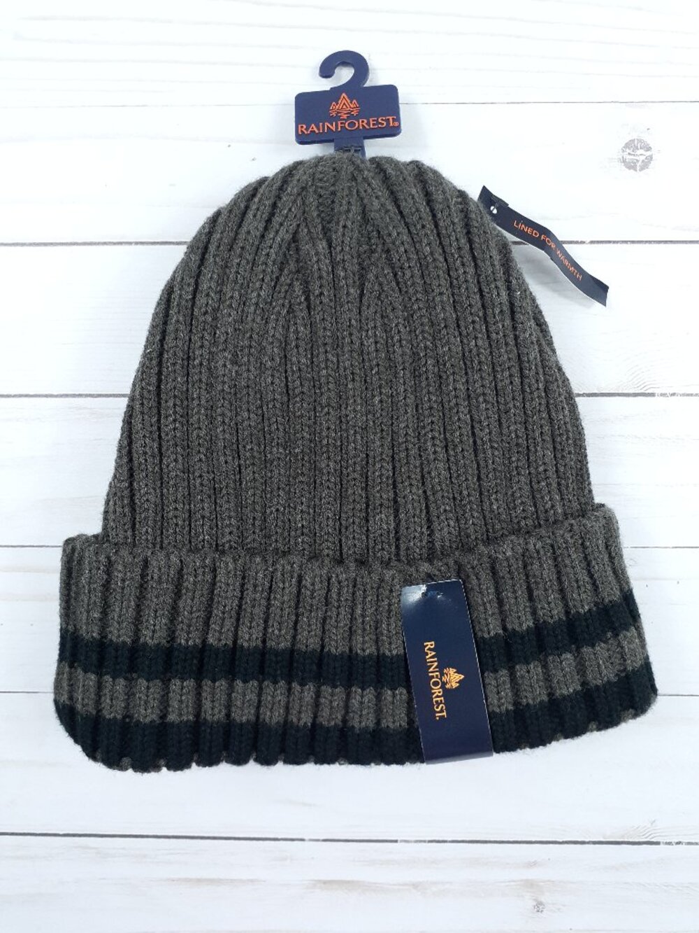 Rainforest Cuffed Knit Beanie Fleece Lined One Size Brown Black Stripe 831A - Picture 2 of 3